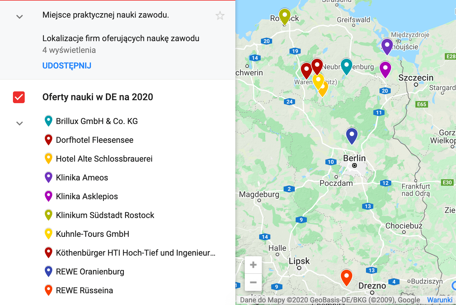 mapa Niemiec z firmami uczacymi zawodu