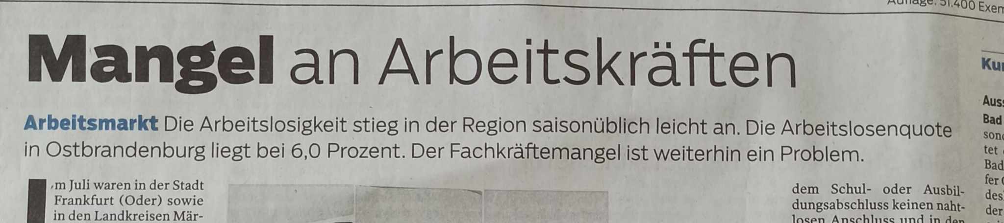 "Brak siły roboczej (w Niemczech)", artykuł Märkischer Sonntag, 05.08.2023